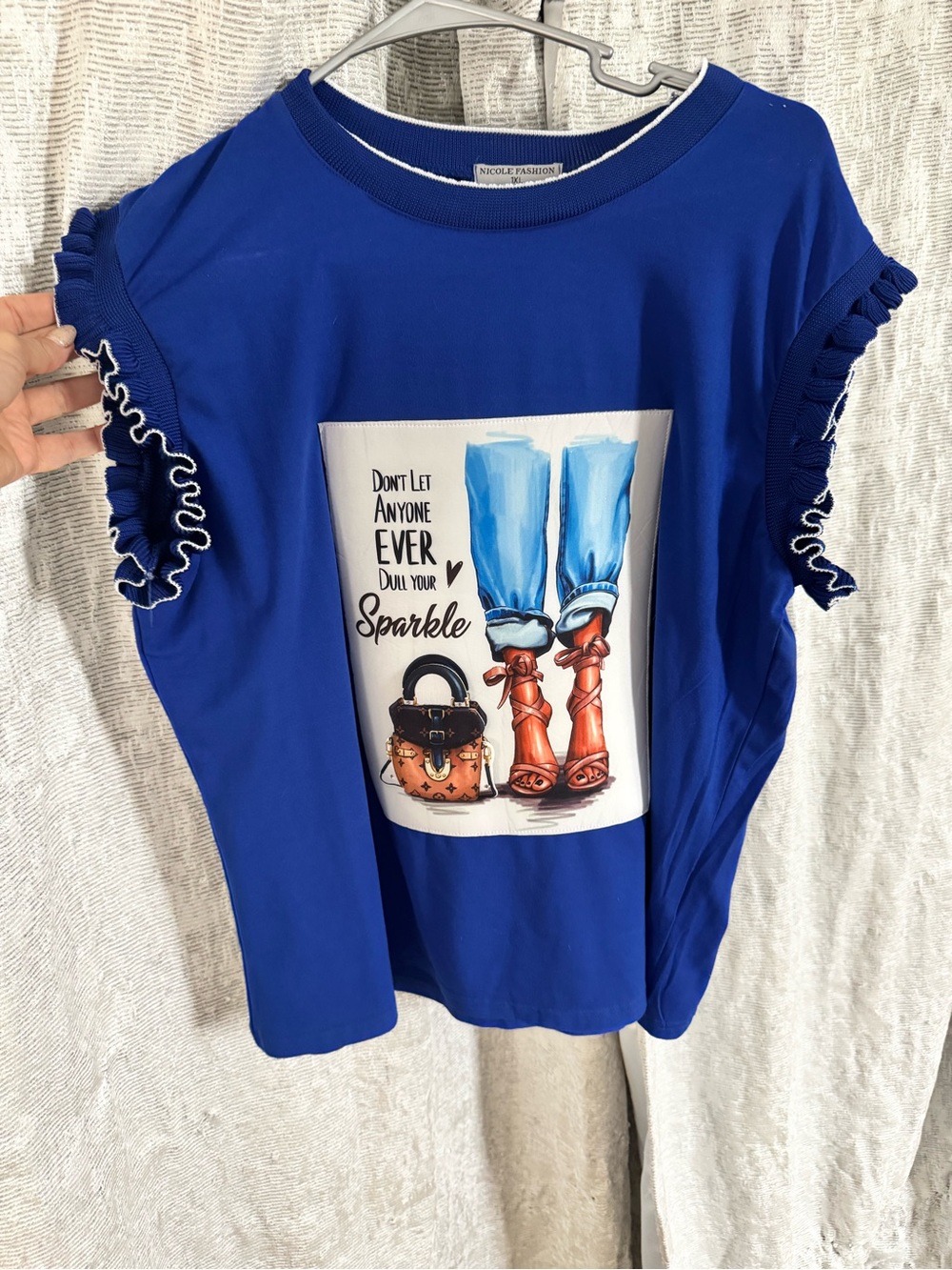 Royal Blue Graphic Ruffle Sleeve Tee with Inspirational Print